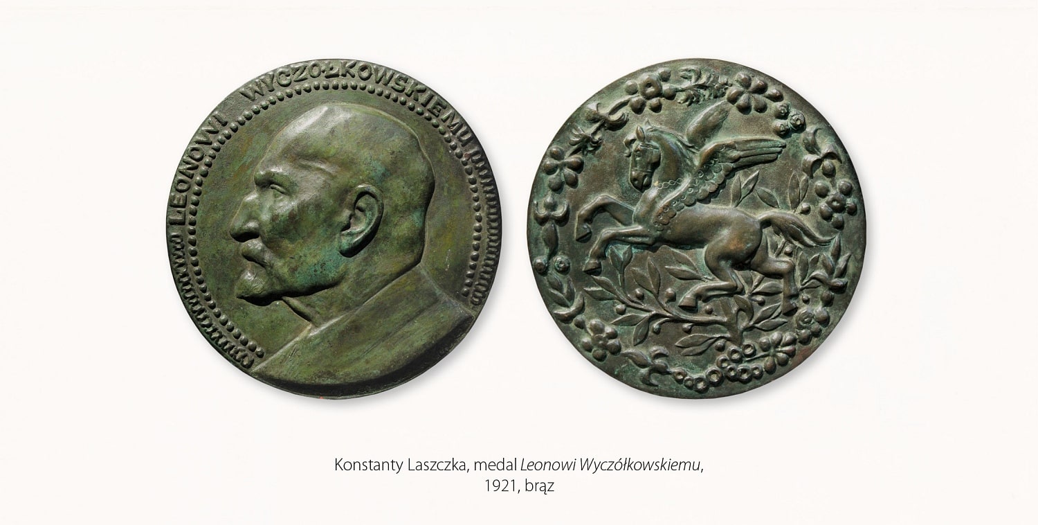 Konstanty Laszczka, medal Leona Wyczółkowskiego, 1921, przedstawia na awersie profilowe popiersie malarza zwróconego w lewą stronę, na rewersie pegaza w otoczeniu gałązek wawrzynu